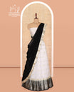 Cream-Grey Organza Half-Saree Features Zari Buttas Skirt, Contrast Traditional Border, Matching Blouse, Contrast Dhavani