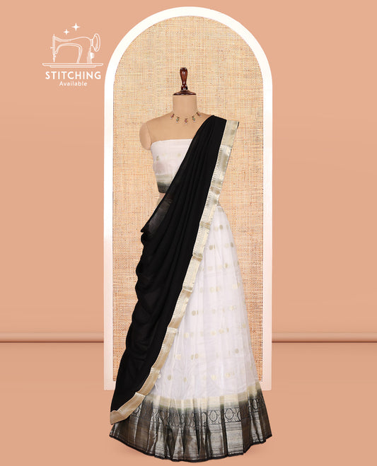 Cream-Grey Organza Half-Saree Features Zari Buttas Skirt, Contrast Traditional Border, Matching Blouse, Contrast Dhavani