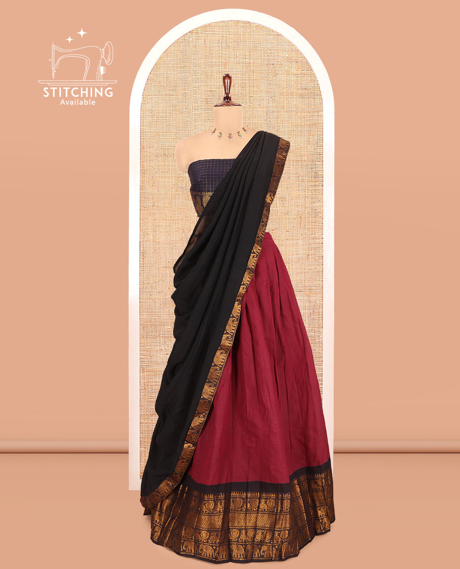 Maroon-Black Mercerised Cotton Half-Saree, Plain Skirt, Contrast Traditional Annam Border, Matching Blouse, Contrast Dhavani