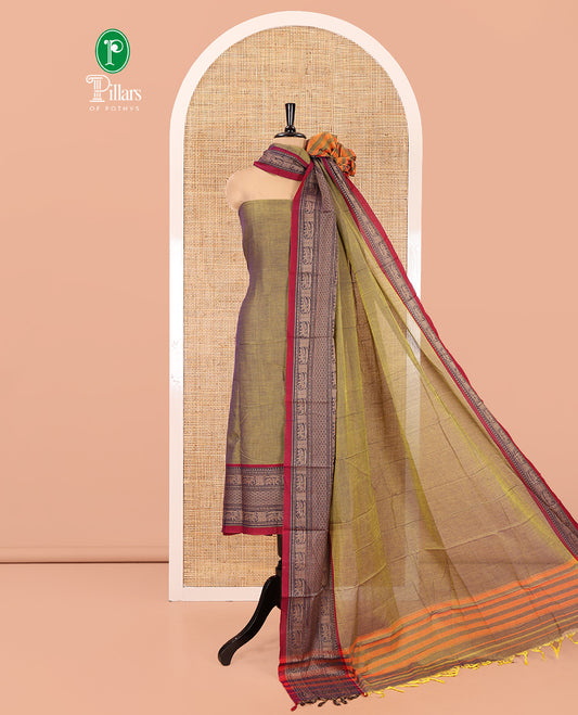 Parrot Green Mercerised Cotton Material Chudidar Set, Plain with Traditional Motifs Woven Thread Bordered Top, a Plain Bottom, and Paired with a Matching Dupatta