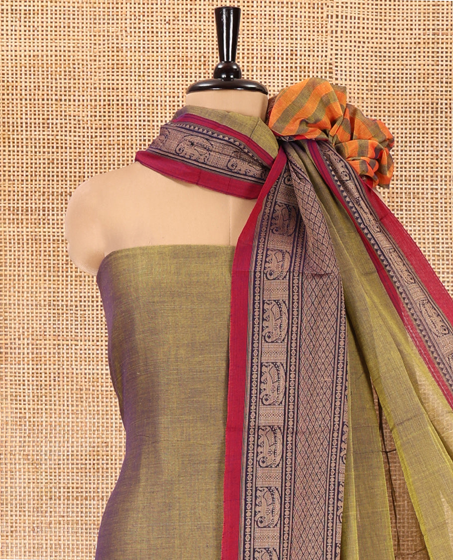 Parrot Green Mercerised Cotton Material Chudidar Set, Plain with Traditional Motifs Woven Thread Bordered Top, a Plain Bottom, and Paired with a Matching Dupatta