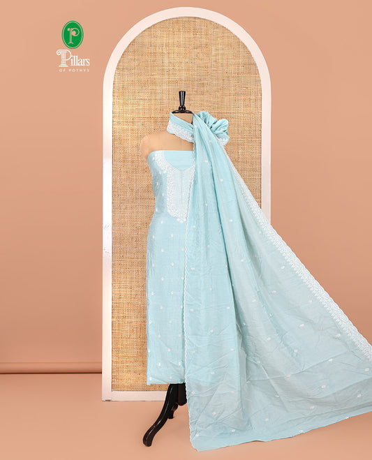 Sky Blue Mul Chanderi Material Chudidar Set, Thread-Embroidered Top, Plain Bottom, Thread-Embroidered Dupatta
