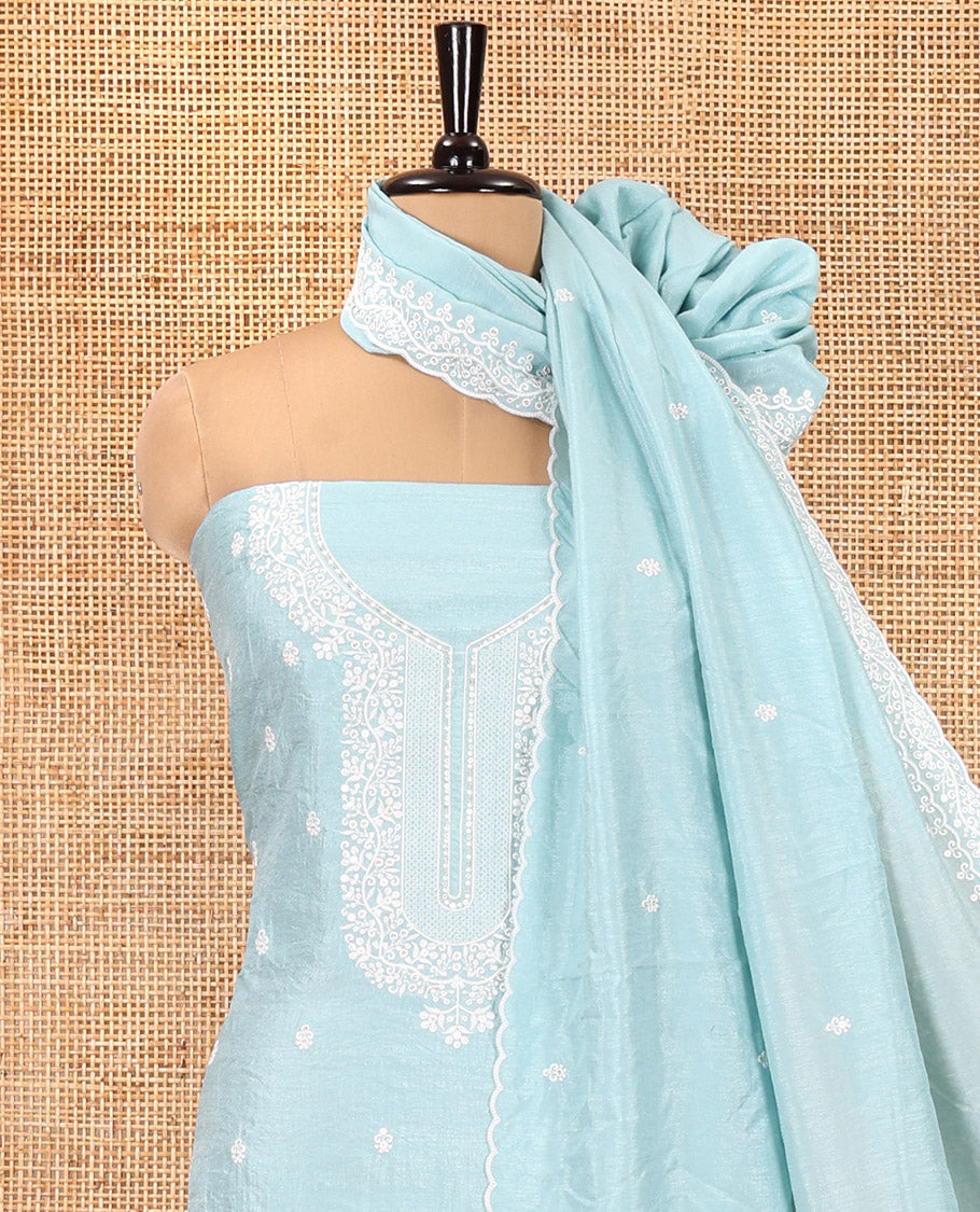 Sky Blue Material Chudidar Set, Delicately Woven with Thread Embroidered Motifs Woven on Mul Chanderi Top, a Mul Chanderi Bottom, Paired with Thread-Embroidered Mul Chanderi Scallop-Bordered Dupatta