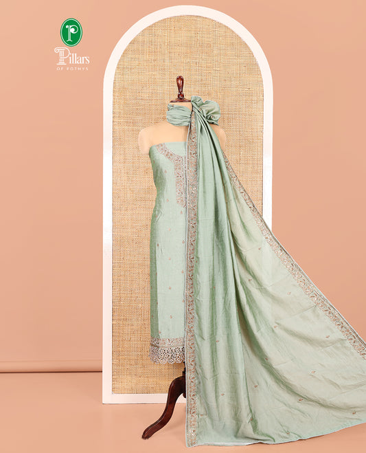 Pista Green Vichitra Silk Material Chudidar, Embroidered and Cut-work Top, Santoon Bottom, and an Embroidered Dupatta