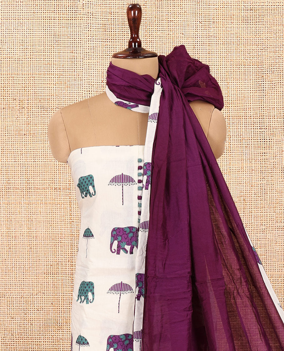 Cream-Purple Material Chudidar Features an Elephant-Umbrella Printed Top, a Contrast Bottom, Contrast Bordered Dupatta