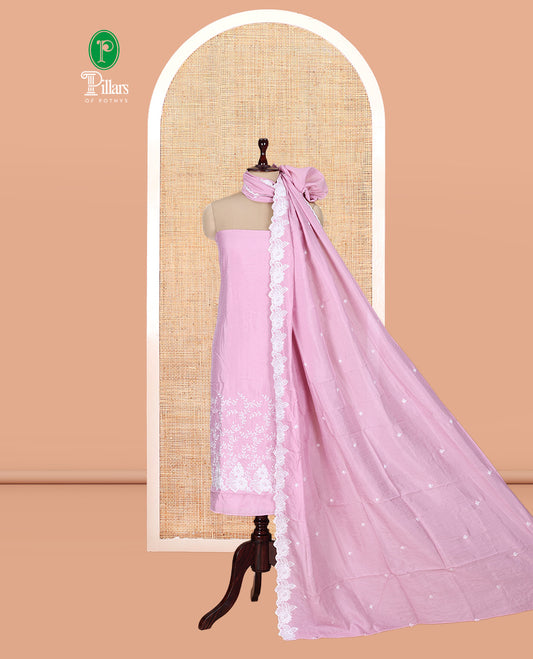 Pink Mul Chanderi Material Churidar with Delicate Floral Embroidered Top, a Plain Bottom, and Scallop Embroidered Dupatta