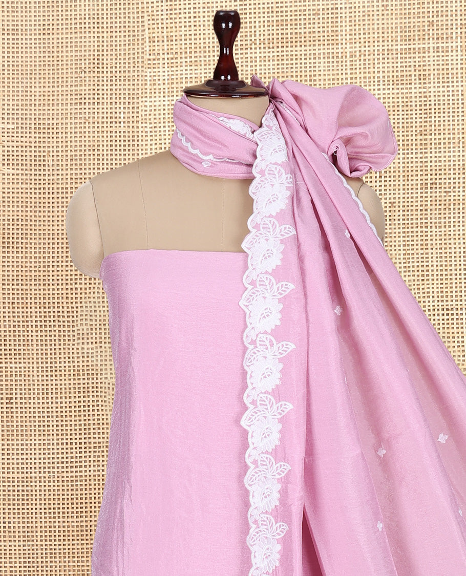 Pink Mul Chanderi Material Churidar with Delicate Floral Embroidered Top, a Plain Bottom, and Scallop Embroidered Dupatta