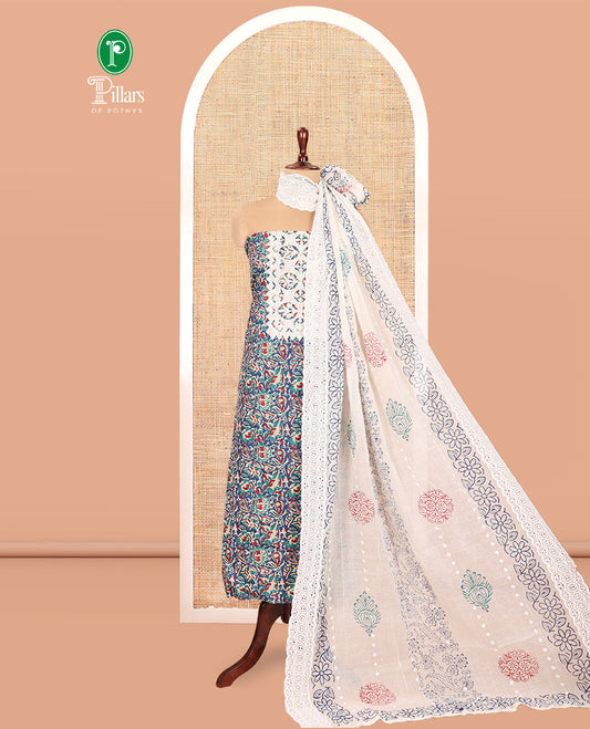 Blue Cotton Material Chudidar, Floral Printed Hakoba Top, a Contrast Bottom, Print-Hakoba Dupatta