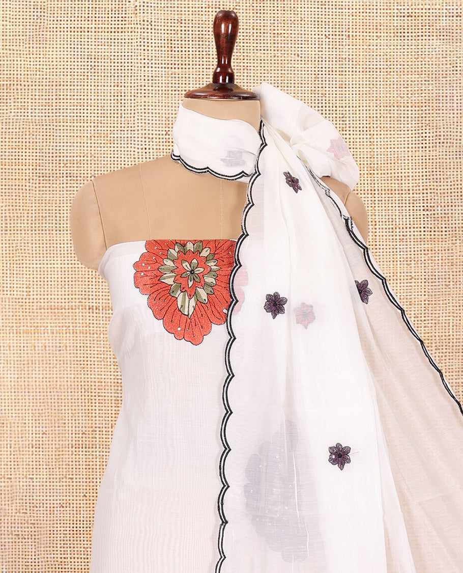 Cream-Dark Purple Mul Chanderi Material Chudidar, Floral Embroidery Top, Matching Bottom, Floral Embroidery Dupatta