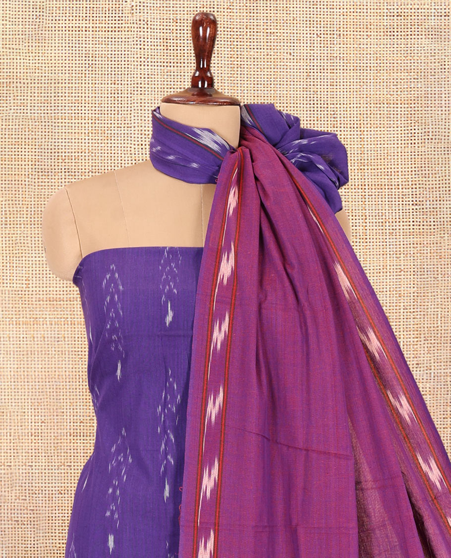Dark Lavender Pure Cotton Saree Material Chudidar Ikat Buttas Top, a Contrast Bottom, and Ikat Dupatta