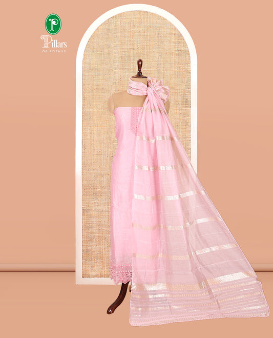 Pink Mul Chanderi Material Chudiddar, Embroidered Top, Plain Bottom, Zari Striped Dupatta