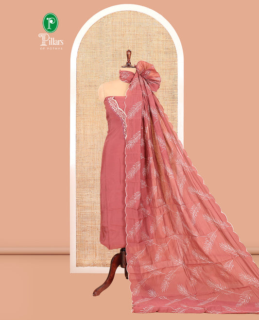 Onion Pink Mul Chanderi Material Churidar Set, V-Neck Thread Embroidered Top, a Matching Bottom, a Thread Leaf Embroidered Dupatta