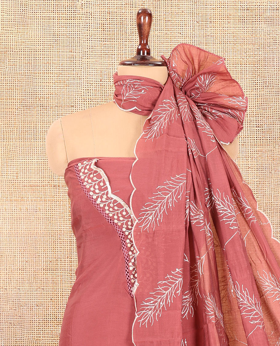 Onion Pink Mul Chanderi Material Churidar Set, V-Neck Thread Embroidered Top, a Matching Bottom, a Thread Leaf Embroidered Dupatta