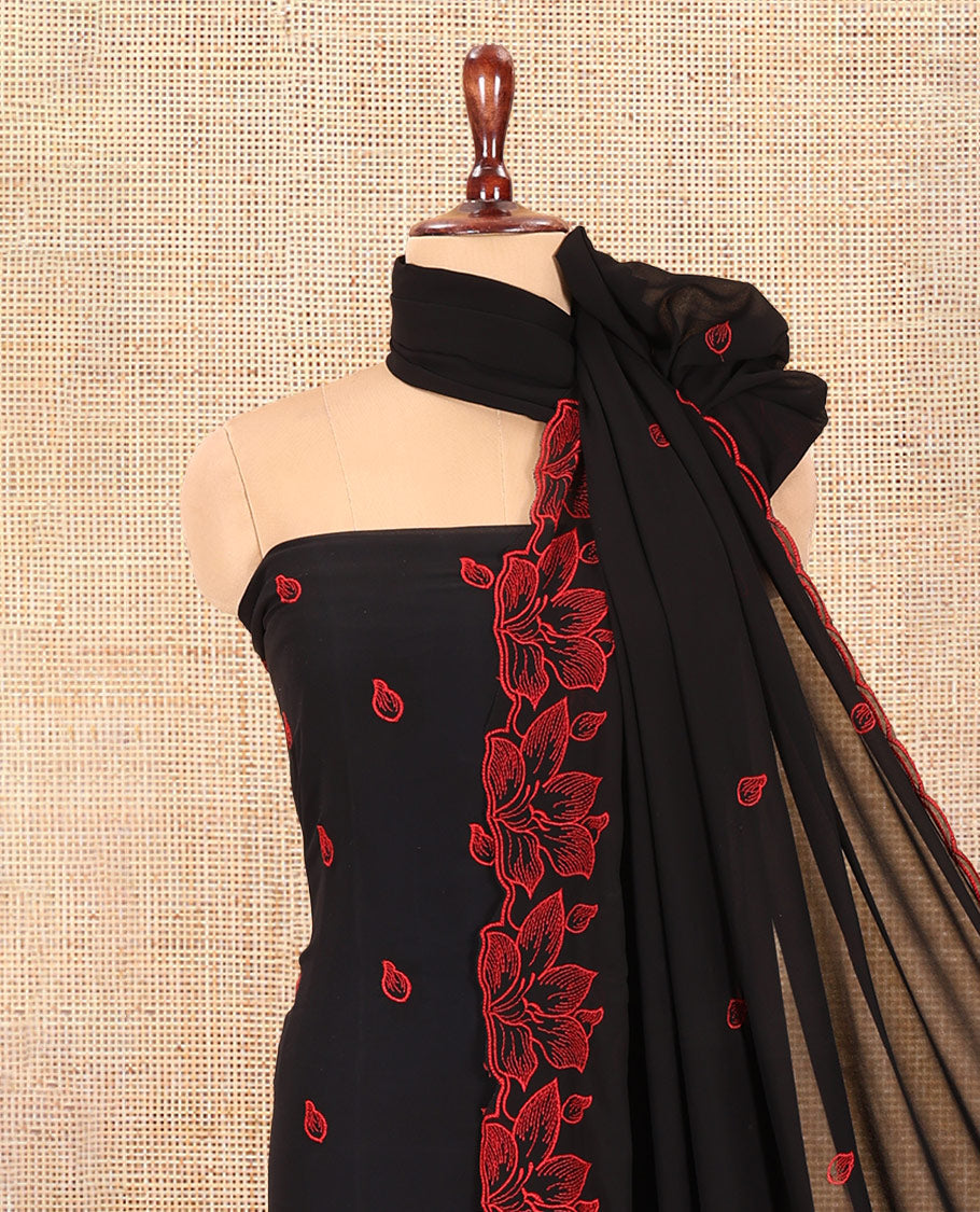 Black-Red Georgette Material Churidar Features Leaf Embroidered Top, a Plain Bottom, Thread Embroidered Dupatta