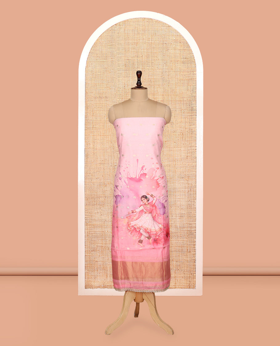 Pink Rose Net Kota Material Churidar Features Dancing Girl Motif Printed Top, a Plain Bottom, a Dancing Girl Motif Printed Dupatta