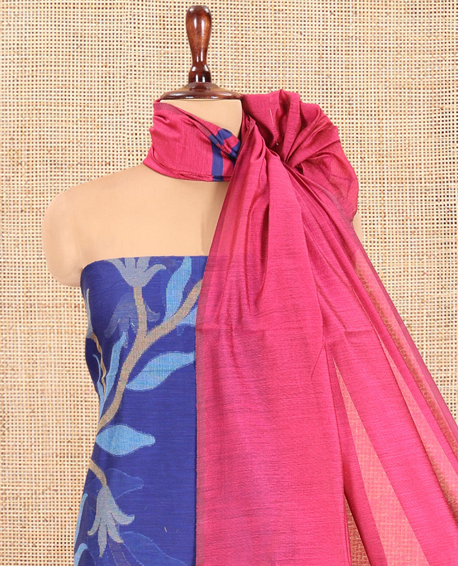 Royal Blue Chanderi Silk Material Chudidar Features Jamdani Floral Top, Contrast Bottom and Dupatta