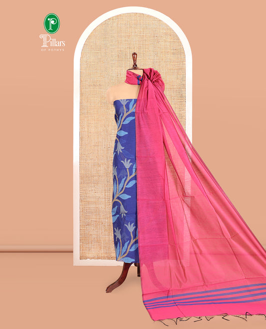 Royal Blue Chanderi Silk Material Chudidar Features Jamdani Floral Top, Contrast Bottom and Dupatta