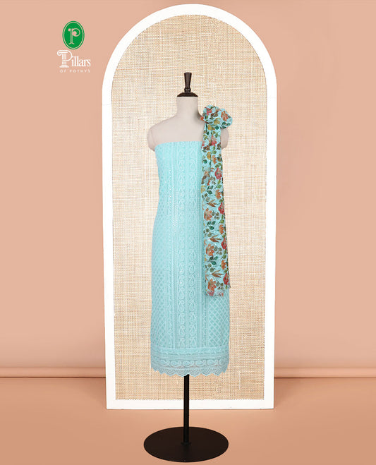 Blue shifli lucknowi embroidery mango design georgette chudidhar material top with american crepe pant & floral digital print, sequins embroider dupatta