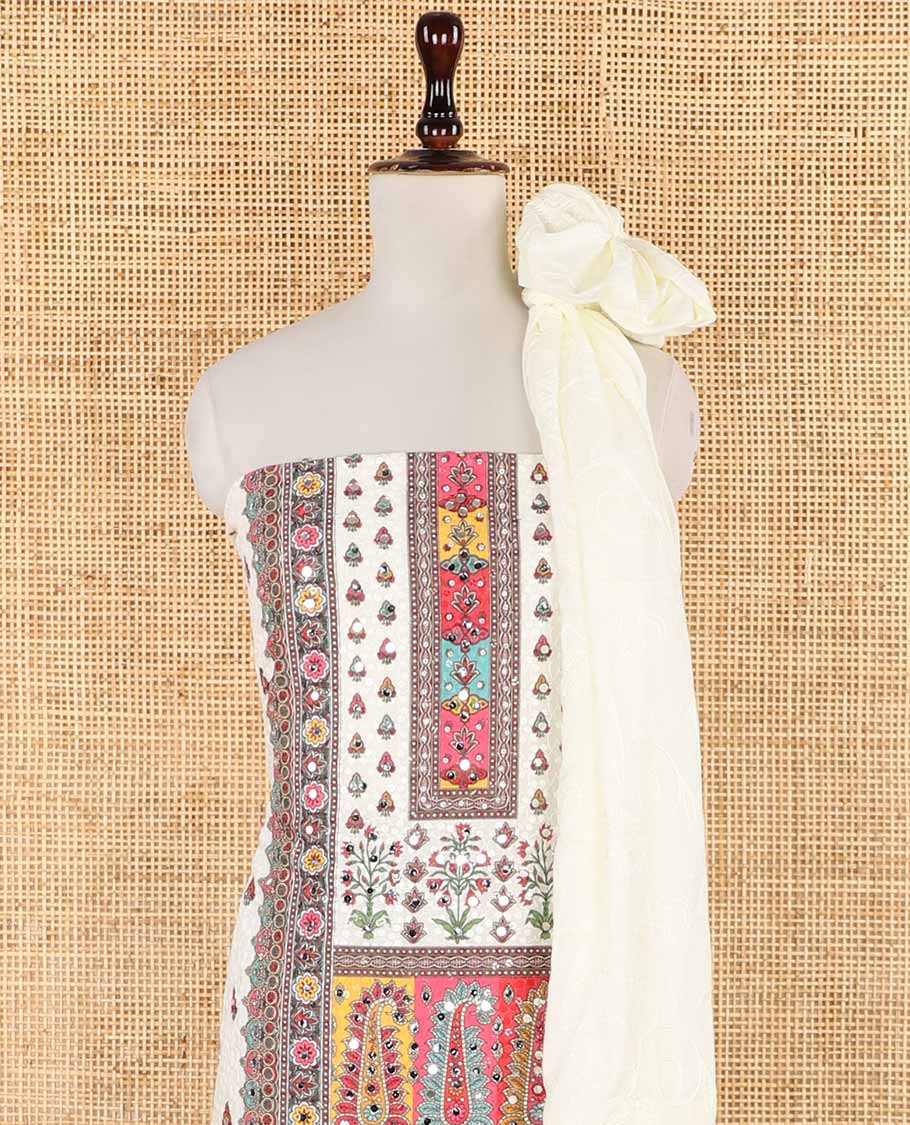 Cream with multi-color chikankari , butta design, mirror work cotton chudidhar material top with cotton pant & chikankari embroidery dupatta