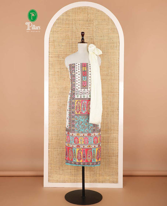 Cream with multi-color chikankari , butta design, mirror work cotton chudidhar material top with cotton pant & chikankari embroidery dupatta