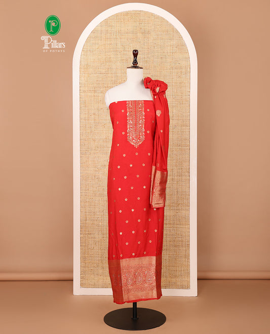 Chilli red banaras semi-silk chudidar material set, floral zari buttas & stonework top,plain santoon bottom & gold zari design dupatta