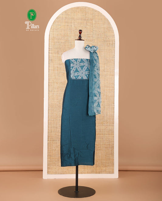 Peacock green material chudidar, brasso floral print & mirrorwork vichitra silk top, santoon bottom & shimmer georgette dupatta of floral print & mirrorwork