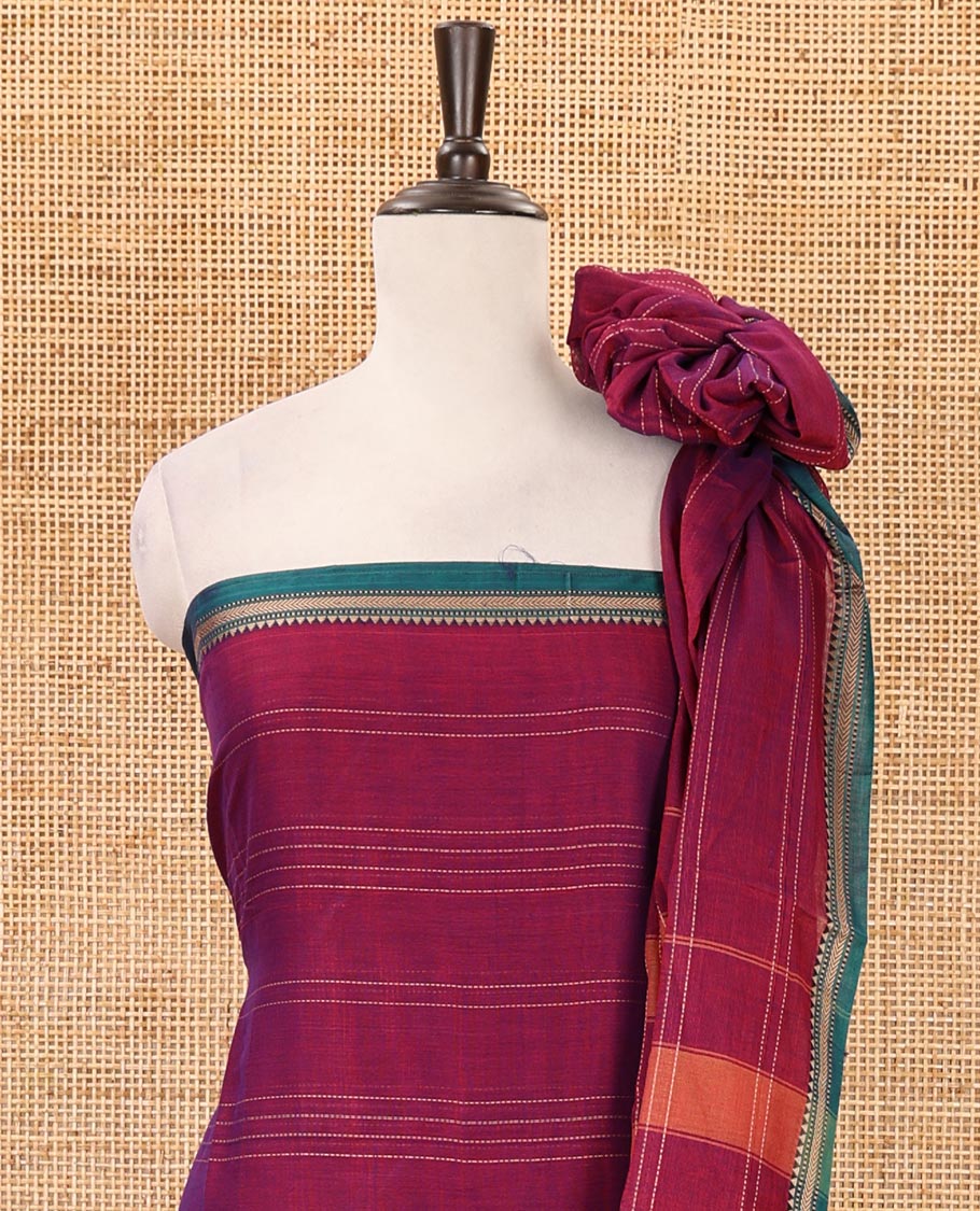 Magenta mercerized cotton material chudidar set,vertical striped contrast border top, matching threadwork bottom & traditional border matching dupatta