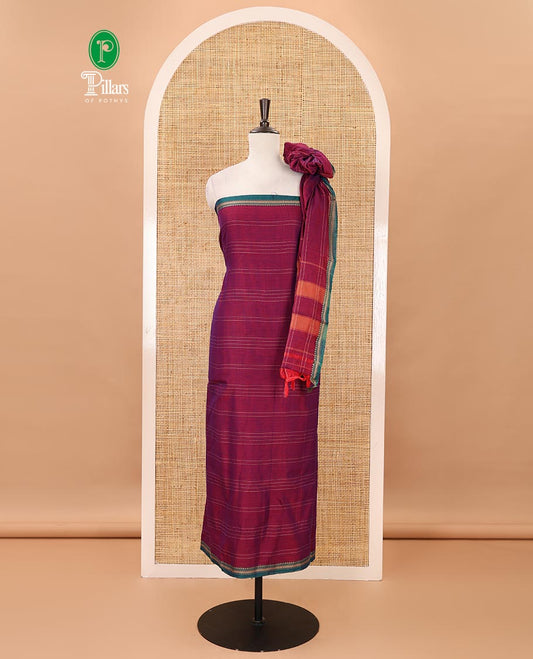 Magenta mercerized cotton material chudidar set,vertical striped contrast border top, matching threadwork bottom & traditional border matching dupatta