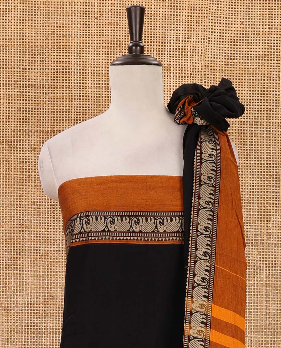 Black mercerised cotton material chudidar set, contrast elephant motifs border top, matching bottom & elephant motifs border dupatta