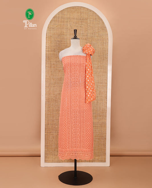 Orange material chudidar set,  floral, paisley & geometric schiffli embroidered georgette top & orginal mirror embroidered georgette dupatta