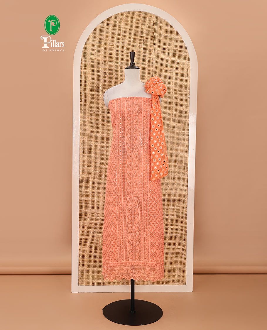 Orange material chudidar set,  floral, paisley & geometric schiffli embroidered georgette top & orginal mirror embroidered georgette dupatta