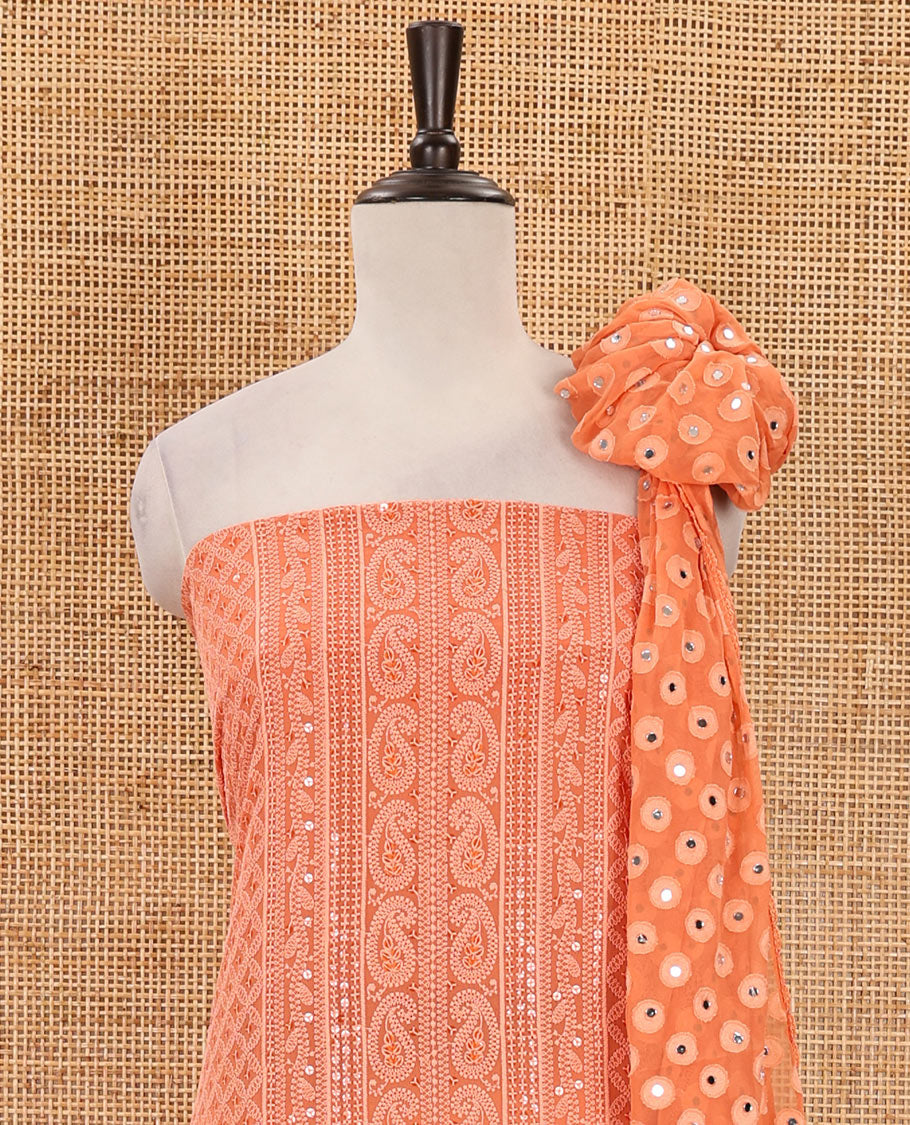 Orange material chudidar set,  floral, paisley & geometric schiffli embroidered georgette top & orginal mirror embroidered georgette dupatta