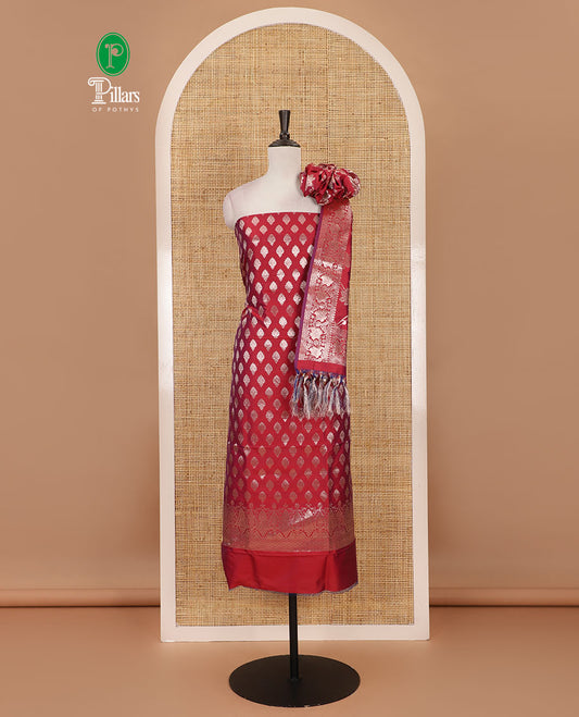 Maroon banarasi material chudidar set, zari buttas woven top, plain bottom, and floral jaal taffeta silk dupatta
