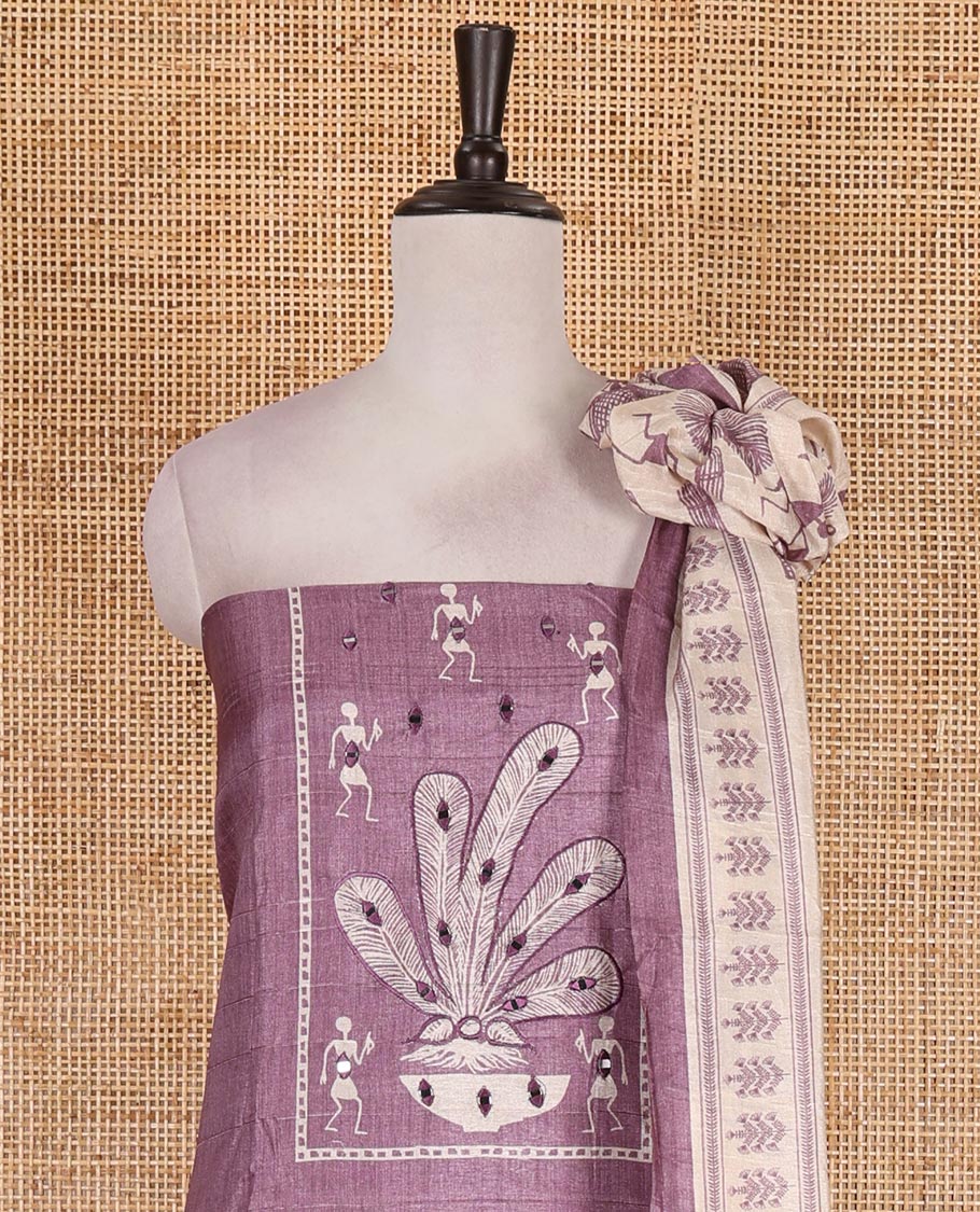 Purple material churidar set, warli tribe village theme print with mirror work semi-tussar top, plain bottom, and warli tribe village theme print semi-tussar dupatta
