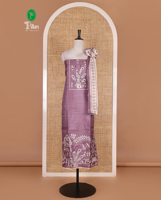 Purple material churidar set, warli tribe village theme print with mirror work semi-tussar top, plain bottom, and warli tribe village theme print semi-tussar dupatta