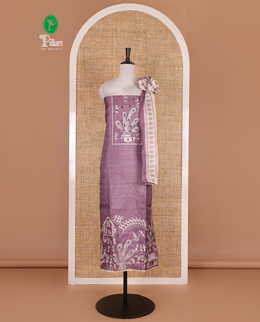 Purple material churidar set, warli tribe village theme print with mirror work semi-tussar top, plain bottom, and warli tribe village theme print semi-tussar dupatta