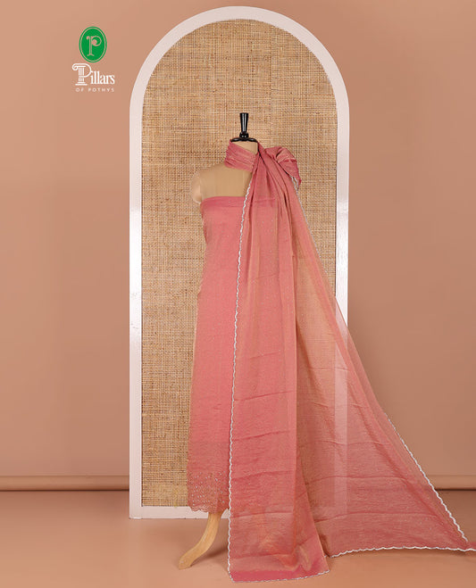 Pink material chudidar set, stone work moss organza top, a matching bottom, and scallop stone work moss organza dupatta