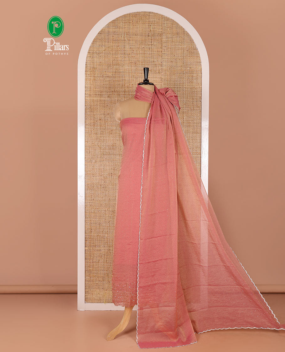 Pink material chudidar set, stone work moss organza top, a matching bottom, and scallop stone work moss organza dupatta