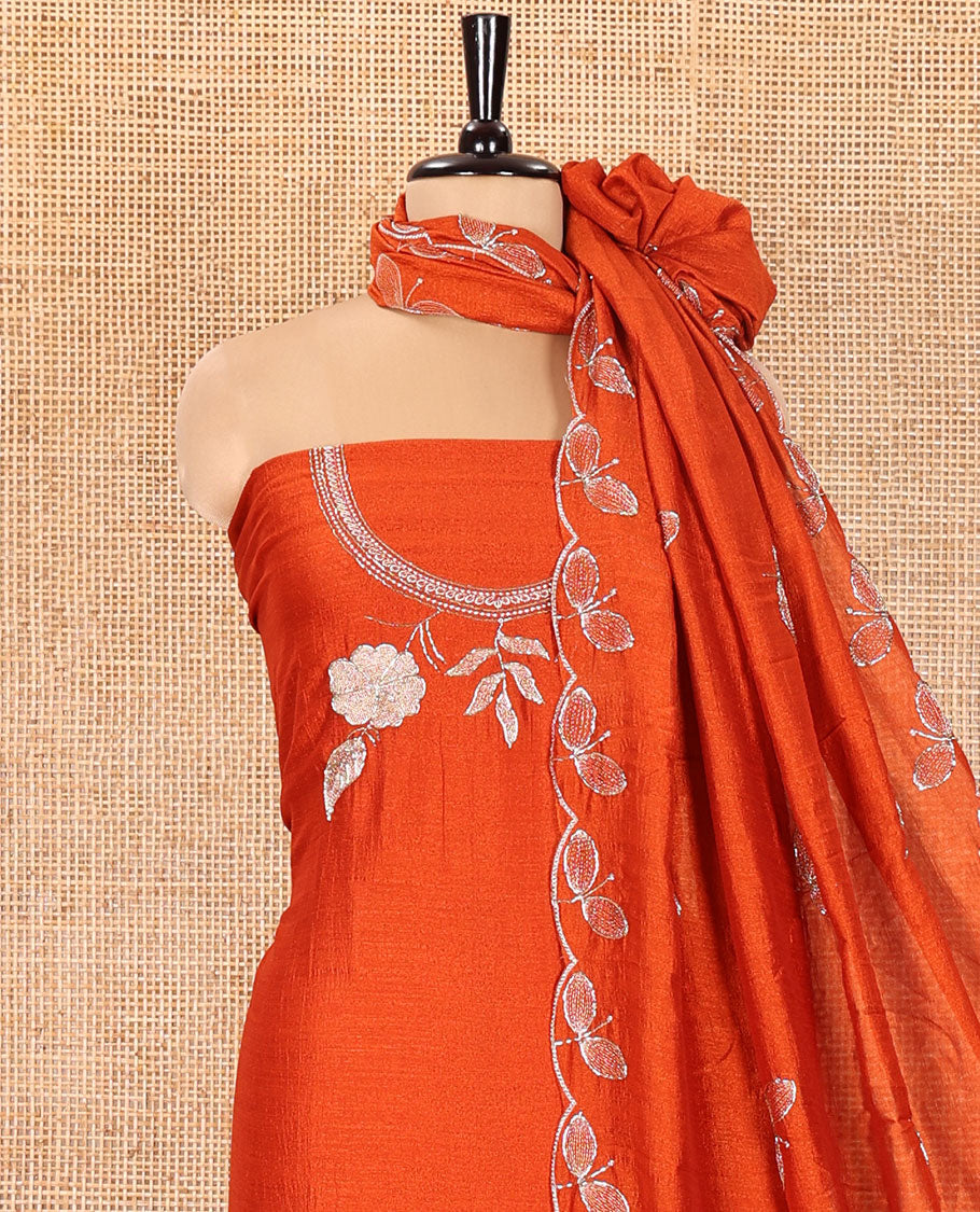 Rust Material Chudidhar Set, Highlighted with an Floral Motifs Embroidered on its Vichitra Silk Top, Plain Santoon Bottom, and Vichitra Silk Dupatta of Leaf Motifs Embroidery