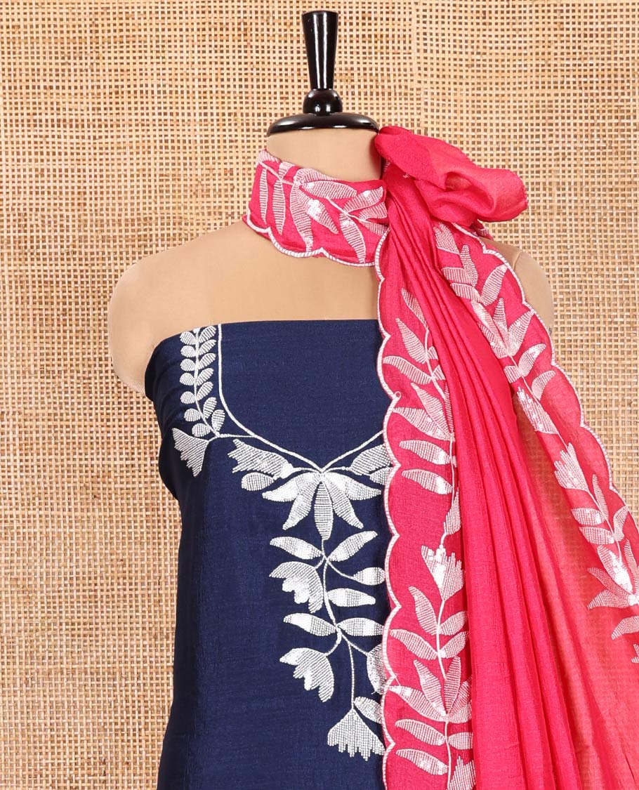 Navy Blue Material Churidar Set, Detailed with Floral Motifs Sequins-Thread Embroidered on Its Vichitra Silk Top, Comes with a Contrast Santoon Bottom, and Paired with a Vichitra Silk Floral Embroidered Scallop Dupatta