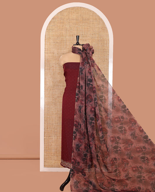 Maroon Material Churidar Set, Highlighted with Swarovski Stone Work Nc Moss Organza Top, Comes with a Plain Santoon Bottom, and Floral Printed Nc Moss Organza Dupatta