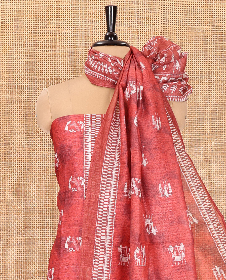 Peach Material Churidar Set, Delicately Designed with Warli Motifs Printed on Chanderi Top, Comes with a Plain Santoon Bottom, and Is Paired with a Chanderi Dupatta Featuring Warli-Village Themed Motifs Print