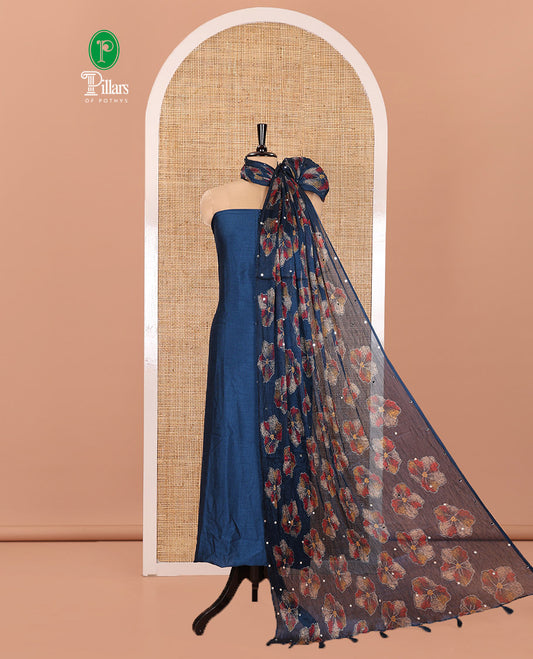 Blue Material Churidar Set, Beautified with Plain Vichitra Silk Top, Comes with a Plain Santoon Bottom, and Is Paired with a Crushed Chiffon Dupatta of Floral Print and Mirror Work