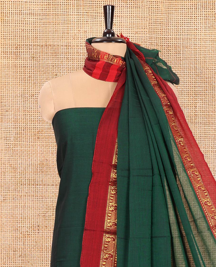 Green Plain Mercerised Cotton Material Churidar Set, Complemented by Contrast Elephant Motifs Woven Zari Border, Comes with a Plain Mercerised Cotton Bottom, and Is Paired with a Matching Mercerised Cotton Dupatta Mirroring the Same Design