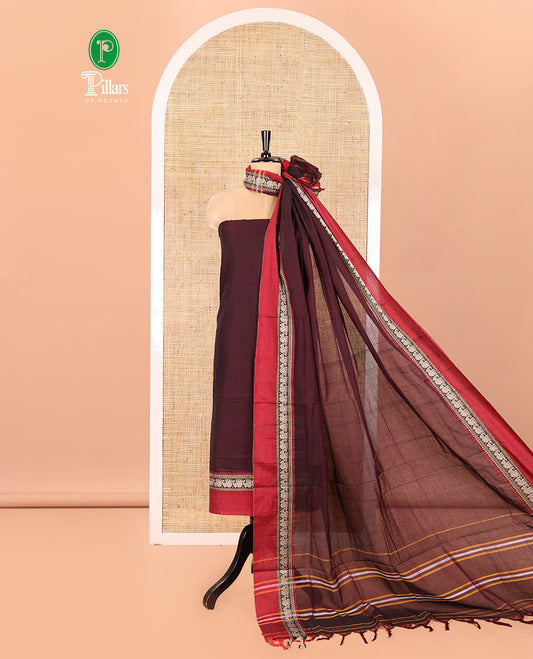 Wine Mercerised Cotton Material Churidar Set, Subtly Woven Plain with Contrast Traditional Elephant Motif Bordered Top, a Plain Santoon Bottom, and Paired with a Mercerised Cotton Dupatta