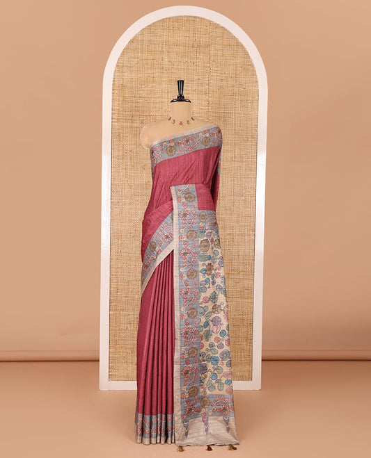 Light magenta plain fancy tussar saree, contrast floral creeper border, pallu of kalamkari floral vine print, and floral printed blouse
