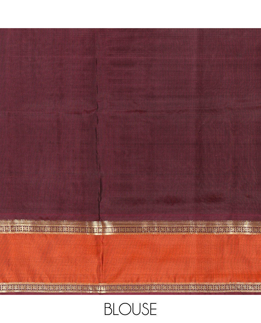 Rust Orange Mayuri Soft Silk Saree Graced with Medium-sized Zari Checks, Complemented by a Contrast Rettai Pettu Border of Rekku, Banaras, Kathir, and Star Vanki Designs, Pallu Elevated with Zari Designs, and Paired with a Contrast Blouse