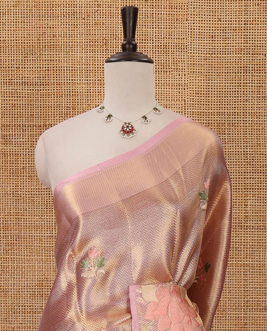 Jyothika pink floral thread embroidery celebrity tissue saree, floral vine multi-color thread embroidered border & embroidery pallu