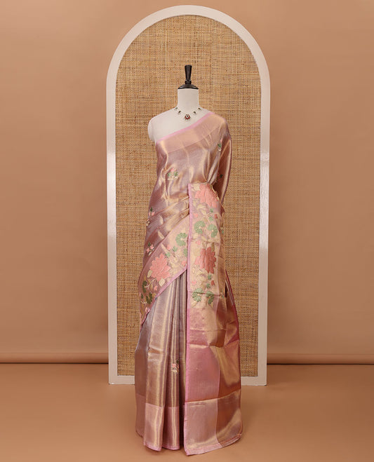 Jyothika pink floral thread embroidery celebrity tissue saree, floral vine multi-color thread embroidered border & embroidery pallu