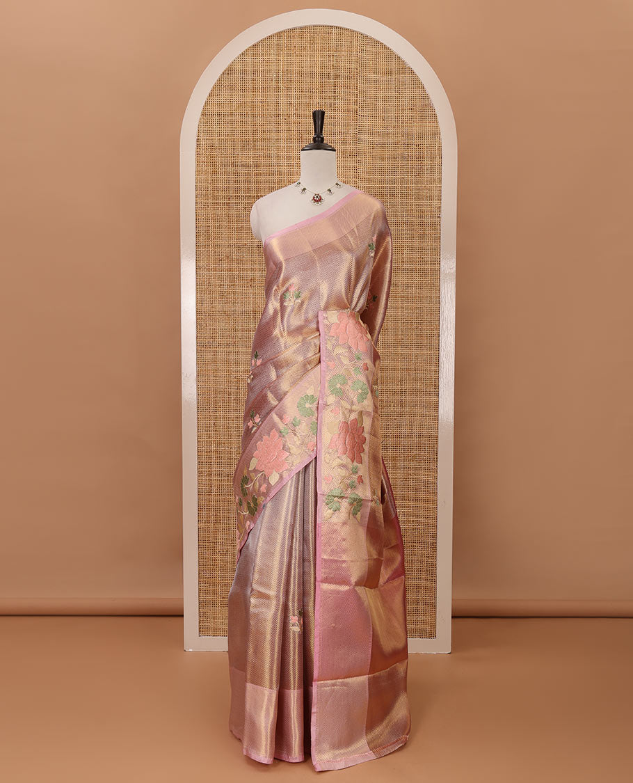 Jyothika pink floral thread embroidery celebrity tissue saree, floral vine multi-color thread embroidered border & embroidery pallu